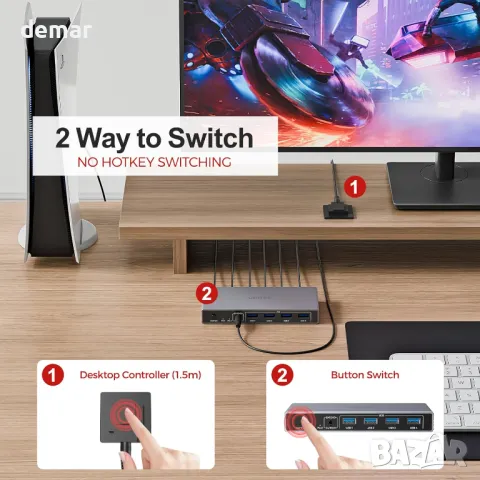 Unitek USB 3.0 HDMI KVM превключвател 1 монитор - 2 компютъра 4K@60Hz, 4 USB порта, снимка 4 - Кабели и адаптери - 48426065