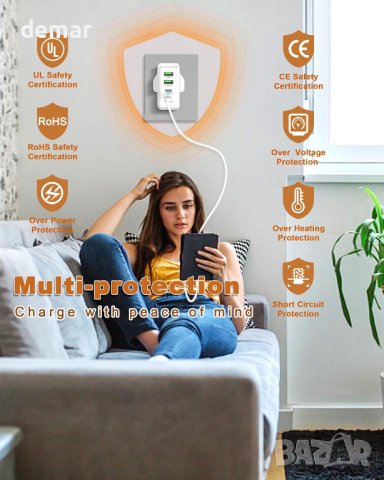 4 порта 75 W стенно бързо зарядно устройство, снимка 2 - Друга електроника - 42165320