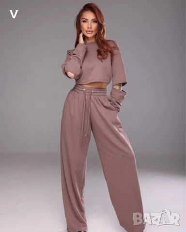 Дамски спортен сет екип комплект Recharge топ + широк панталон с висока талия пепел от рози, снимка 3 - Спортни екипи - 52740096