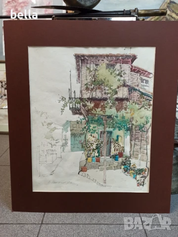 Стар  акварел с паспарту ,смесена техника на Владимир Мански, снимка 2 - Антикварни и старинни предмети - 51428871