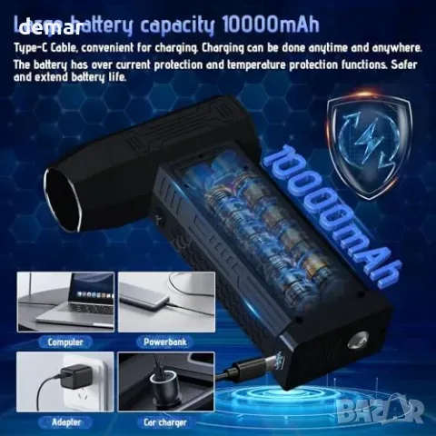 Акумулаторна компресирана въздушна четка (Air Duster) с LED дисплей и 9 приставки, снимка 3 - Друга електроника - 55850033