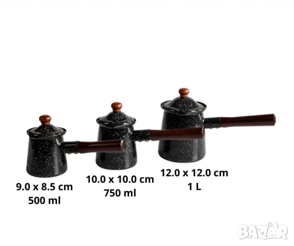 Комплект 3 джезвета с капачета Rosberg – емайлирани, черен меланж, размери 9x8.5, 10x10 и 12x12 см, снимка 3 - Други - 51926205