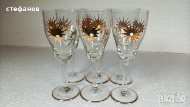 Ретро ракиени класически чашки за ракия, златни шарки, златен кант, 6 бр, 50 мл