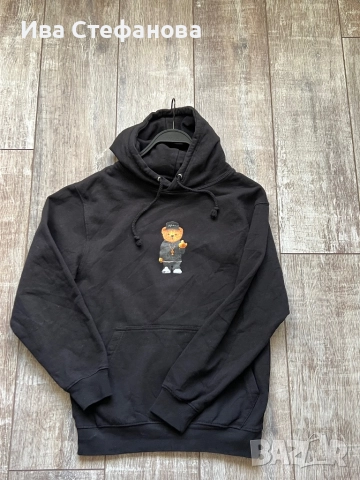 Спортна черна памук памучна  ватирана блуза суичър суитшърт с качулка мече 