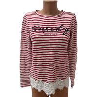 Дамска блуза SUPERDRY размер M червено бяло райе дантела, снимка 1 - Блузи с дълъг ръкав и пуловери - 44570456