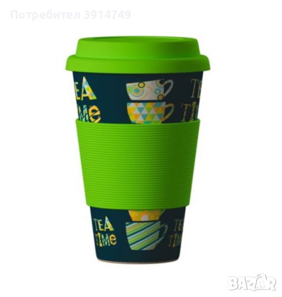 Екологично чиста чаша с капак, за многократна употреба, бамбукова материя, 400 мл, Tea Time, НОВА, снимка 1