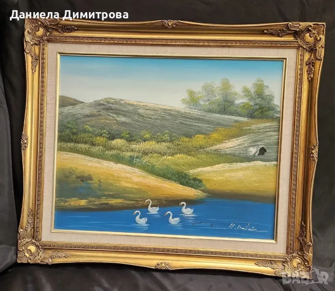 Картина, пейзаж с лебеди и рамка с барокови орнаменти, снимка 1