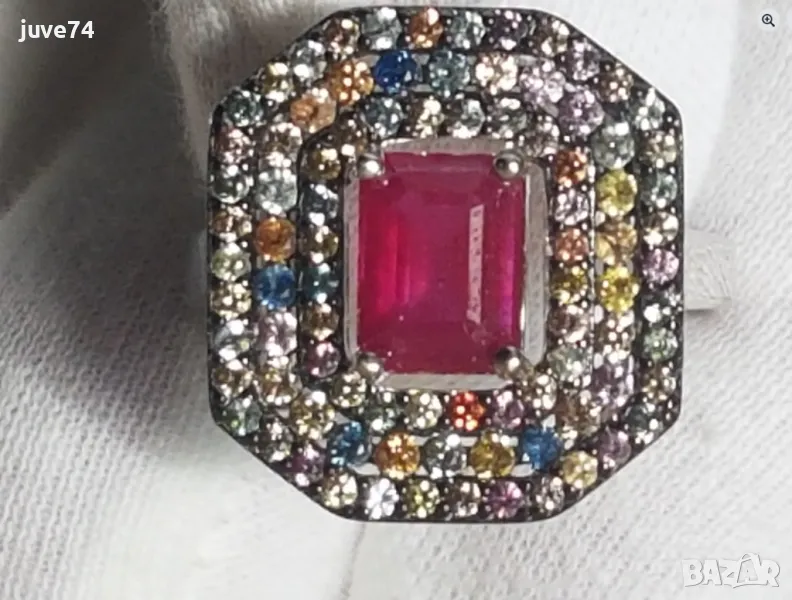СРЕБЪРЕН ПРЪСТЕН С РУБИН (МАДАГАСКАР) И САПФИРИ, снимка 1