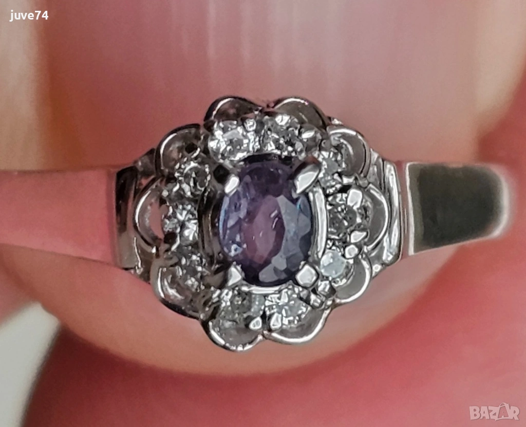 ПЛАТИНЕН ПРЪСТЕН С ЕСТЕСТВЕН АЛЕКСАНДРИТ И ДИАМАНТИ  СЕРТИФИКАТ, снимка 1