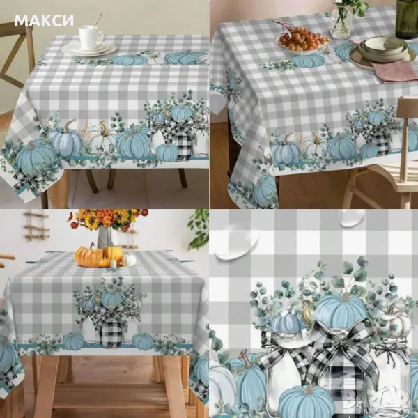 Красива полиестерна покривка за голяма правоъгълна маса с модерни сини тикви и цветя -устойчива на п, снимка 1