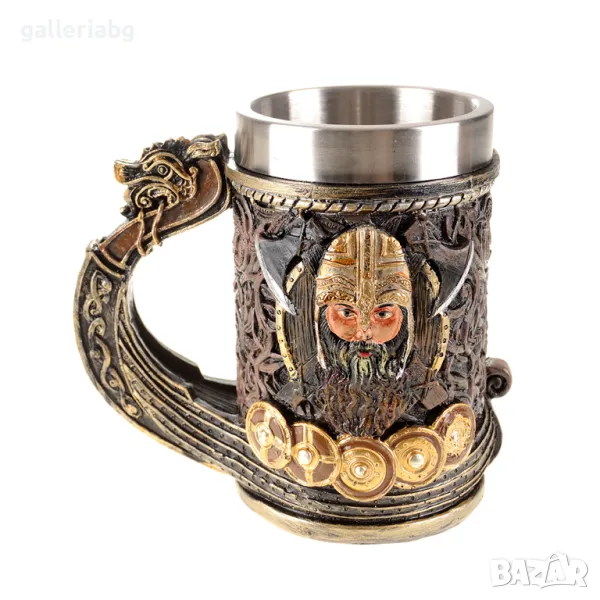 Викингска чаша Valhalla – релефен викинг, метална вложка, 15x17 см, снимка 1