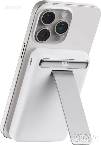 iWALK външна магнитна батерия с многоъглова регулируема стойка, Qi2 10000mAh 15W с LED дисплей, бяла, снимка 1