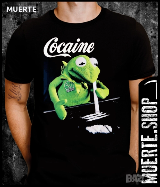 Черна тениска с щампа KERMIT COCAINE, снимка 1