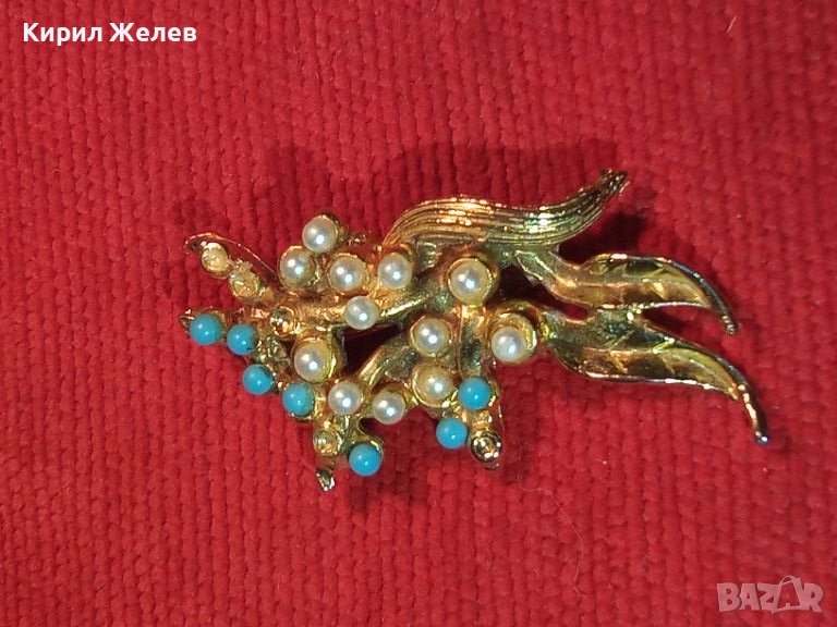 ОЛОВНА ПОЗЛАТЕНА ПЕРЛЕНА БРОШКА с ТЮРКОАЗ СТАРИННА 11124, снимка 1