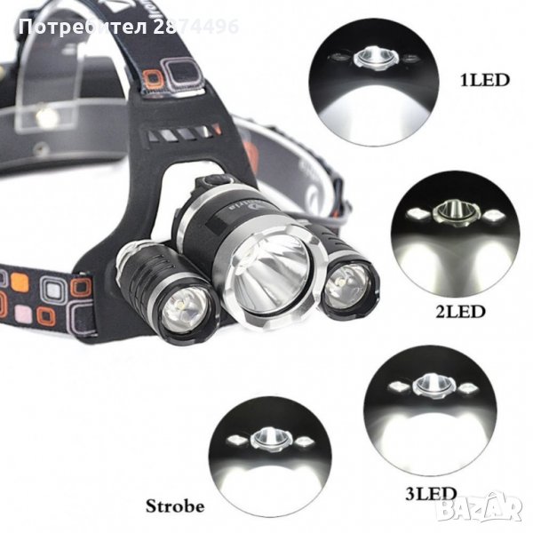 1868 троен LED челник с акумулаторни батерии и  LED диоди, снимка 1