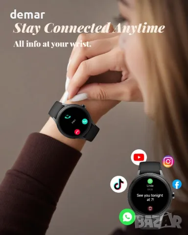 Смарт часовник TOOBUR за жени, Android и iOS, отговаряне/осъществяване на повиквания, IP68, черен, снимка 5 - Смарт часовници - 50256822