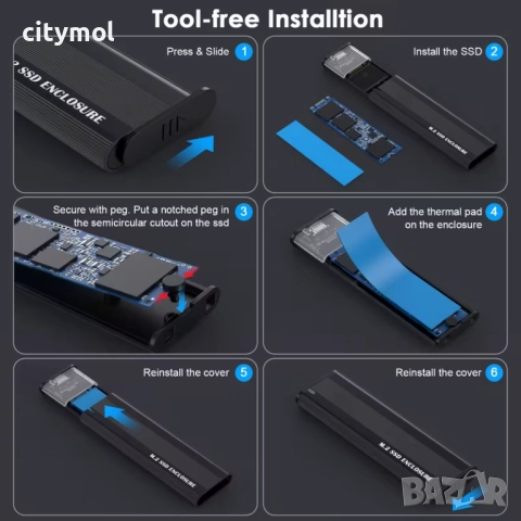M.2 NVMe SSD кутия, 10Gbps, M.2 SSD към USB 3.1, 2 кабела, Windows7/8/10/11, Mac OS, Linux,, снимка 5 - Други - 52622588