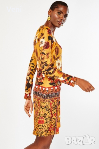 Африкански мотив жълта рокля с дълъг ръкав, снимка 3 - Рокли - 44605725
