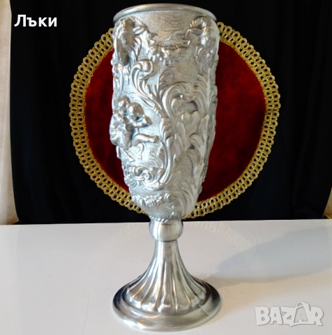 Калаен бокал,чаша за вино,глави на овен,ангели,барок. , снимка 3 - Антикварни и старинни предмети - 51704366