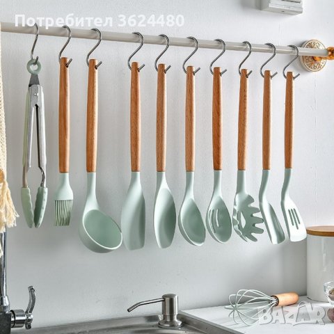 Комплект аксесоари за готвене Силиконови с дървени дръжки, снимка 12 - Прибори за хранене, готвене и сервиране - 39982609