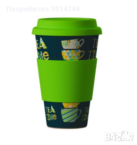 Екологично чиста чаша с капак, за многократна употреба, бамбукова материя, 400 мл, Tea Time, НОВА
