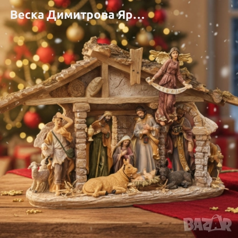 Декоративна сцена на Рождество с дървена постройка и фигурки – Светото семейство и ангел GLORIA, снимка 3 - Декорация за дома - 52053241