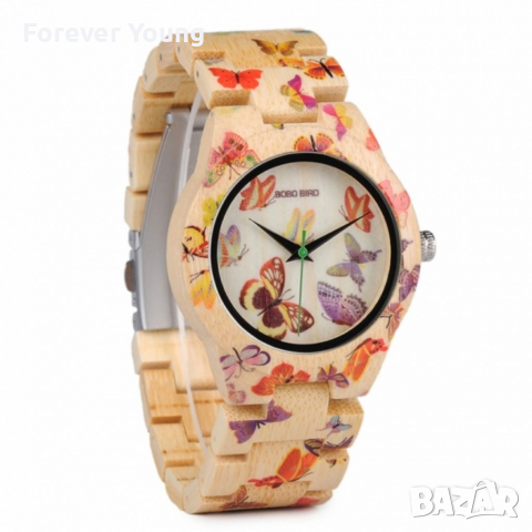 Дамски часовник с каишка от верижно дърво и изрисувани пеперуди, снимка 3 - Дамски - 36250779