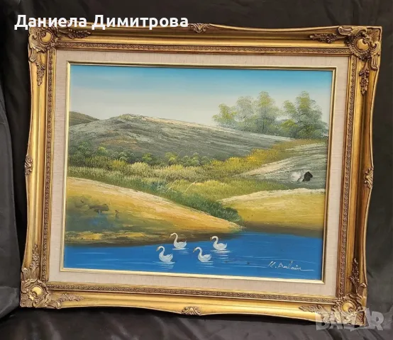 Картина, пейзаж с лебеди и рамка с барокови орнаменти