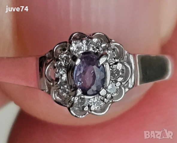 ПЛАТИНЕН ПРЪСТЕН С ЕСТЕСТВЕН АЛЕКСАНДРИТ И ДИАМАНТИ  СЕРТИФИКАТ