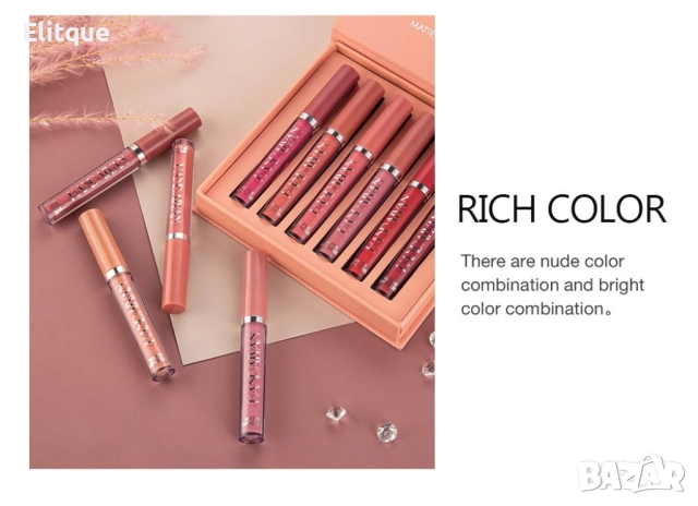 Комплект от 6 броя дълготрайни течни матови червила за устни Handaiyan -Вариант А: цветове в розово-, снимка 13 - Други - 52895118