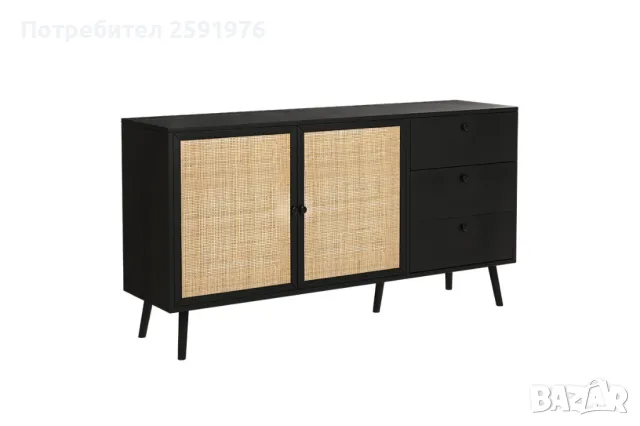 Стилен бюфет Oslo с ратан в черен цвят - 150x39x79см., снимка 1