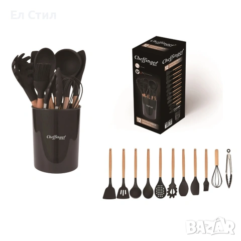 Комплект 12 части кухненски прибори със стойка–силиконови накрайници, дървени дръжки, снимка 13 - Прибори за хранене, готвене и сервиране - 53572991