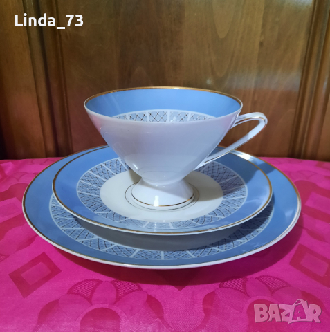 Троен сет-за чай,с красива шарка в синьо. Маркирани за произход. Внос от Германия..-200мл. , снимка 1