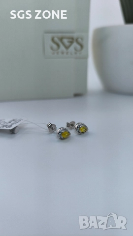Сребърни обеци с необичаен жълт сапфир., снимка 2 - Обеци - 52872573