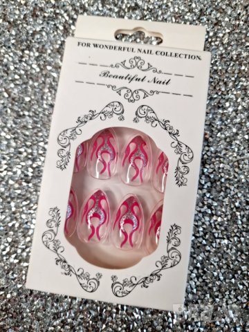 Комплект Разкошни Press-on Изкуствени Нокти 24 броя Блестящи Розови Пламъци КОД nail348, снимка 5 - Продукти за маникюр - 41688622