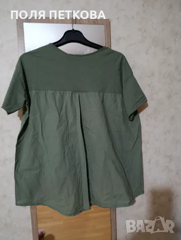 Зелена блуза със цикламен надпис, снимка 4 - Тениски - 49445294