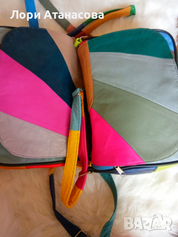 Многоцветна дамска чанта през рамо, от мека естествена кожа на парчета – светлосиньо, жълто, тъмнока, снимка 3 - Чанти - 36475692