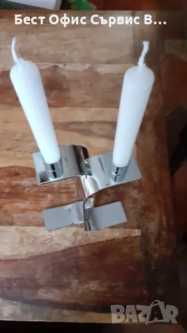 метален свещник дизайнерски, от Дания, стабилен масивен и лъскав хром метал