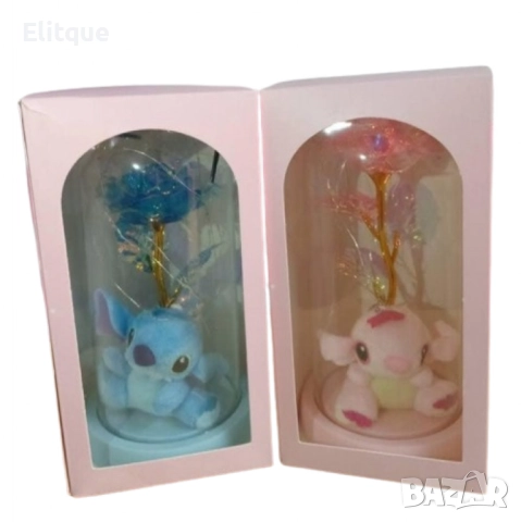 Пластмасова роза с кристален ефект в стъклен купол със Стич и LED светлини, снимка 4 - Други стоки за дома - 52744085