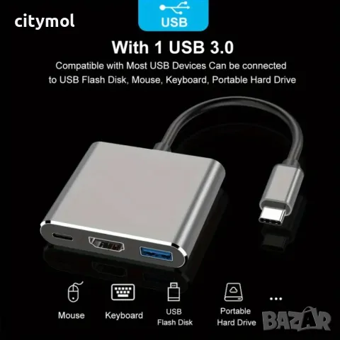 Хъб USB C към HDMI адаптер, Type C to HDMI 4К, USB 3.0 and Type C PD, снимка 7 - Други - 47892189