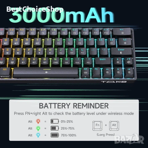 Геймърска клавиатура TMKB T63, механична безжична, Bluetooth, 2.4G, с кабел, RGB подсветка, снимка 10 - Клавиатури и мишки - 53359685