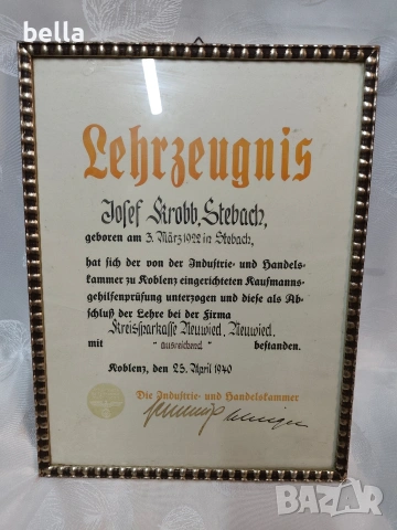 Рядък немски документ от 1940 г. – Свидетелство за обучение с печат