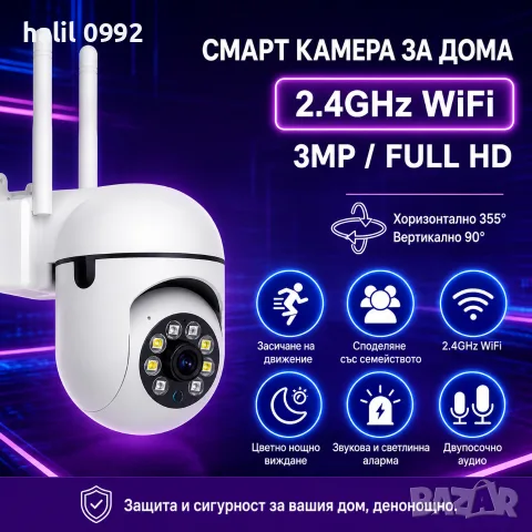 Смарт WiFi PTZ камера 1080P с нощно виждане, снимка 2 - HD камери - 55723671