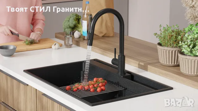 Графит кухненска мивка от гранит Осло 80 Премиум 780 x 530 мм, снимка 4 - Мивки - 47714203