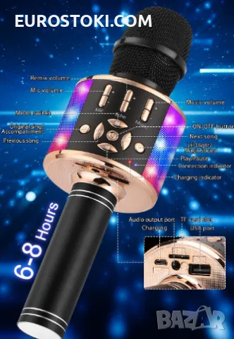 Безжичен караоке микрофон BONAOK, магически звук, Bluetooth микрофон 4 в 1, мигащи светлини, ефекти, снимка 6 - Караоке - 56228621