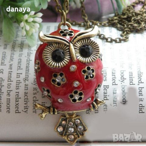 3290 Дамско винтидж колие червено бухалче с камъни, снимка 3 - Колиета, медальони, синджири - 38885029