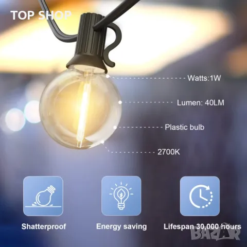 15 м LED приказни светлини на открито, приказни крушки с 25 нечупливи пластмасови крушки G40, снимка 10 - Лед осветление - 48938441