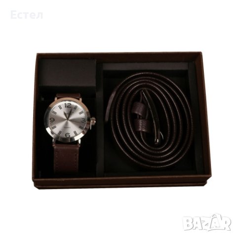 Подаръчен комплект Колан в черен цвят заедно с часовник 