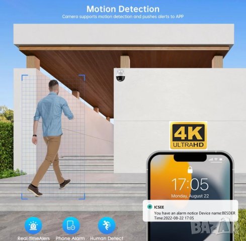 4K SUPER ULTRA HD 8MPx PTZ 5хZoom Wi-Fi Следяща Камера Микрофон Карта Памет Слот PIR Сензор Движение, снимка 5 - Комплекти за видеонаблюдение - 38690387