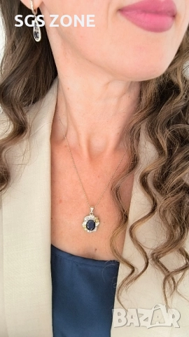 СРЕБЪРЕН ВИСУЛКА С ЦЕНТРАЛЕН СИН САПФИР И ЖЪЛТИ САПФИРИ, снимка 5 - Колиета, медальони, синджири - 52397607